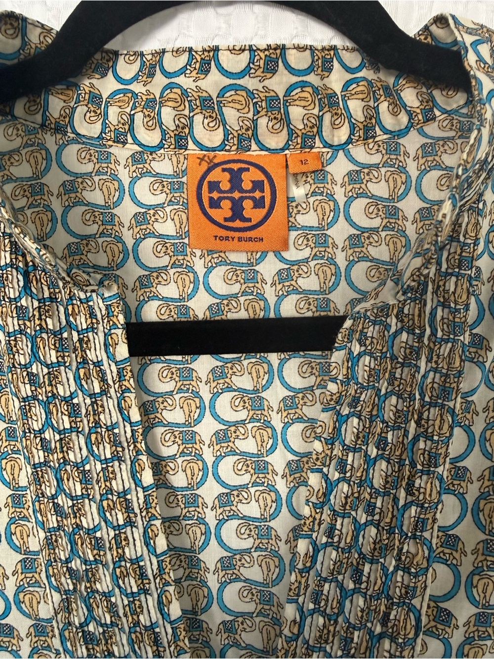 Tory Burch Elephant Print Cotton Tunic Blouse Size 12 Blue Ivory Boho Resort - Picture 3 of 8